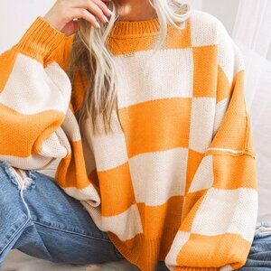 Orange Checkered Bishop Sleeve Sweater